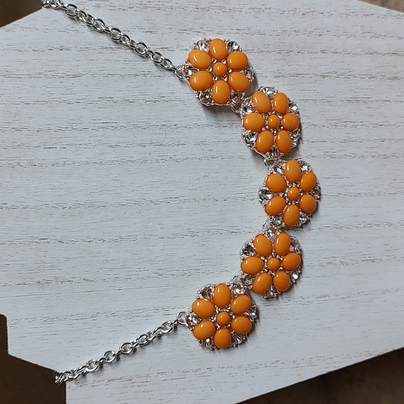 🐾 2 For $16 Orange Gemstone Floral & Clear Bling Bib Statement Necklace - Picture 1 of 5